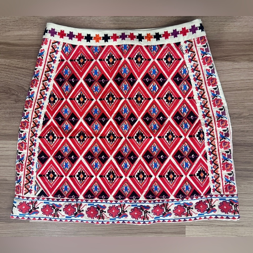 Blush Embroidered Mini Skirt Boho Tribal Aztec Red White Geometric Festival S